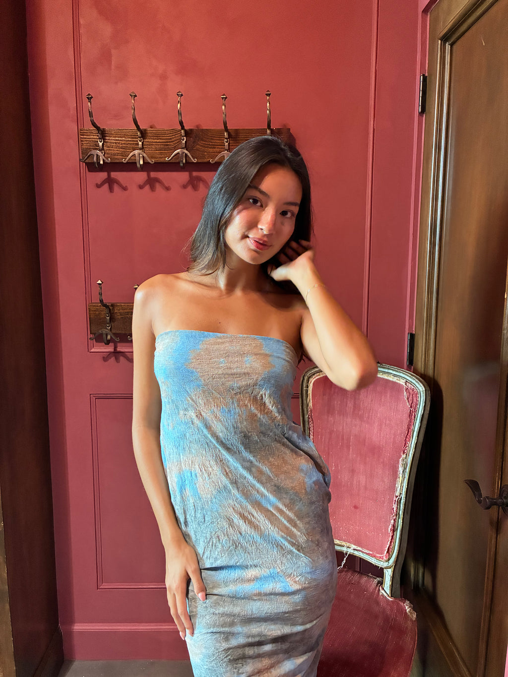 Vintage 2000s Crystal Embellished Strapless Maxi Dress Vanilla Sky Pattern