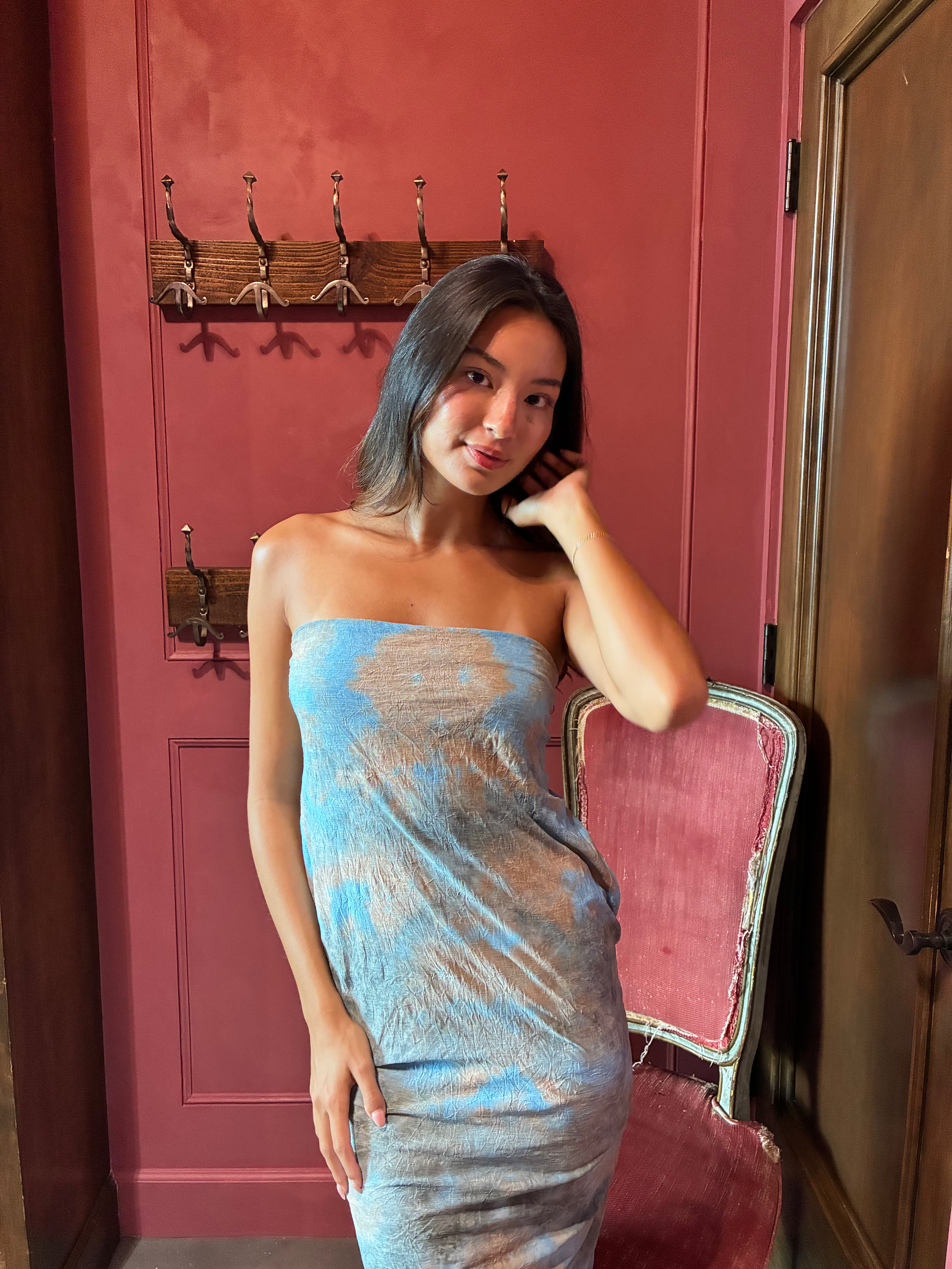 Vintage 2000s Crystal Embellished Strapless Maxi Dress Vanilla Sky Pattern