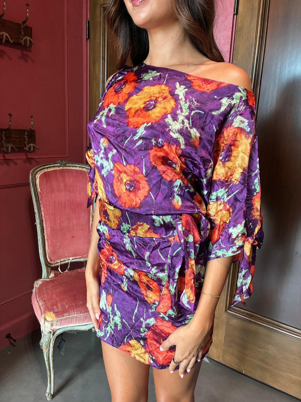 2000s Black Halo 100% Silk Floral Cold-Shoulder Mini Dress