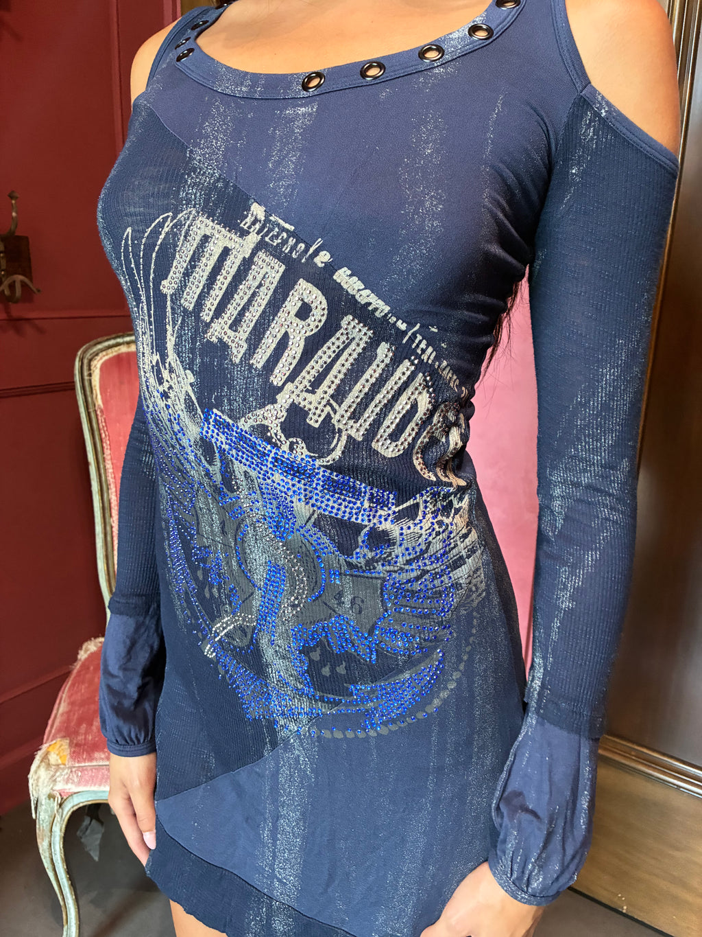 Y2K Salvage Bedazzled Navy Blue Mini Dress