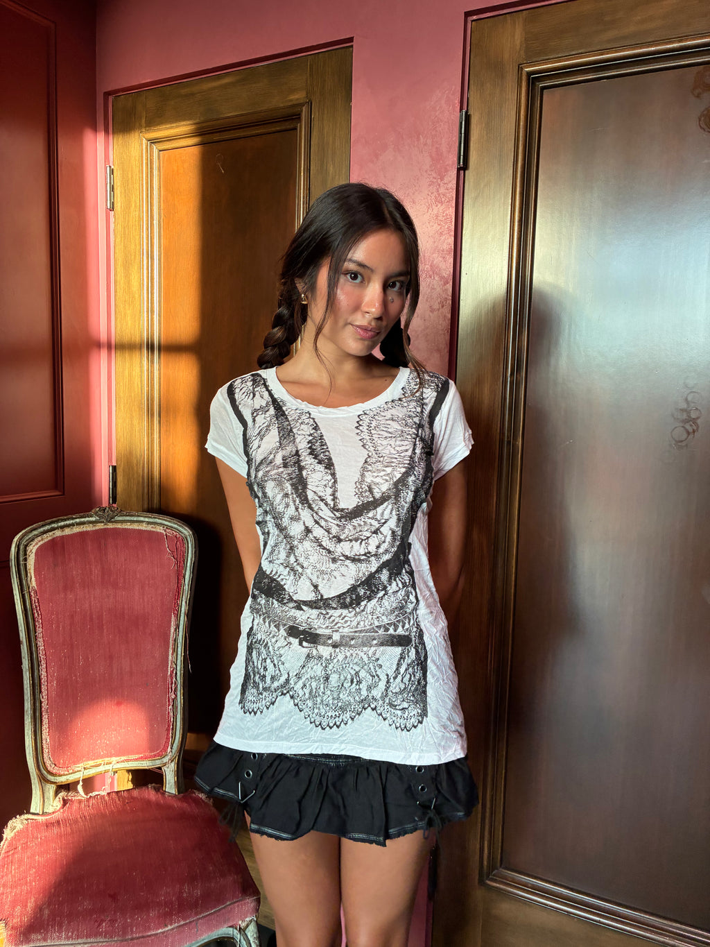 2000s BCBG Lace Corset Graphic Tee