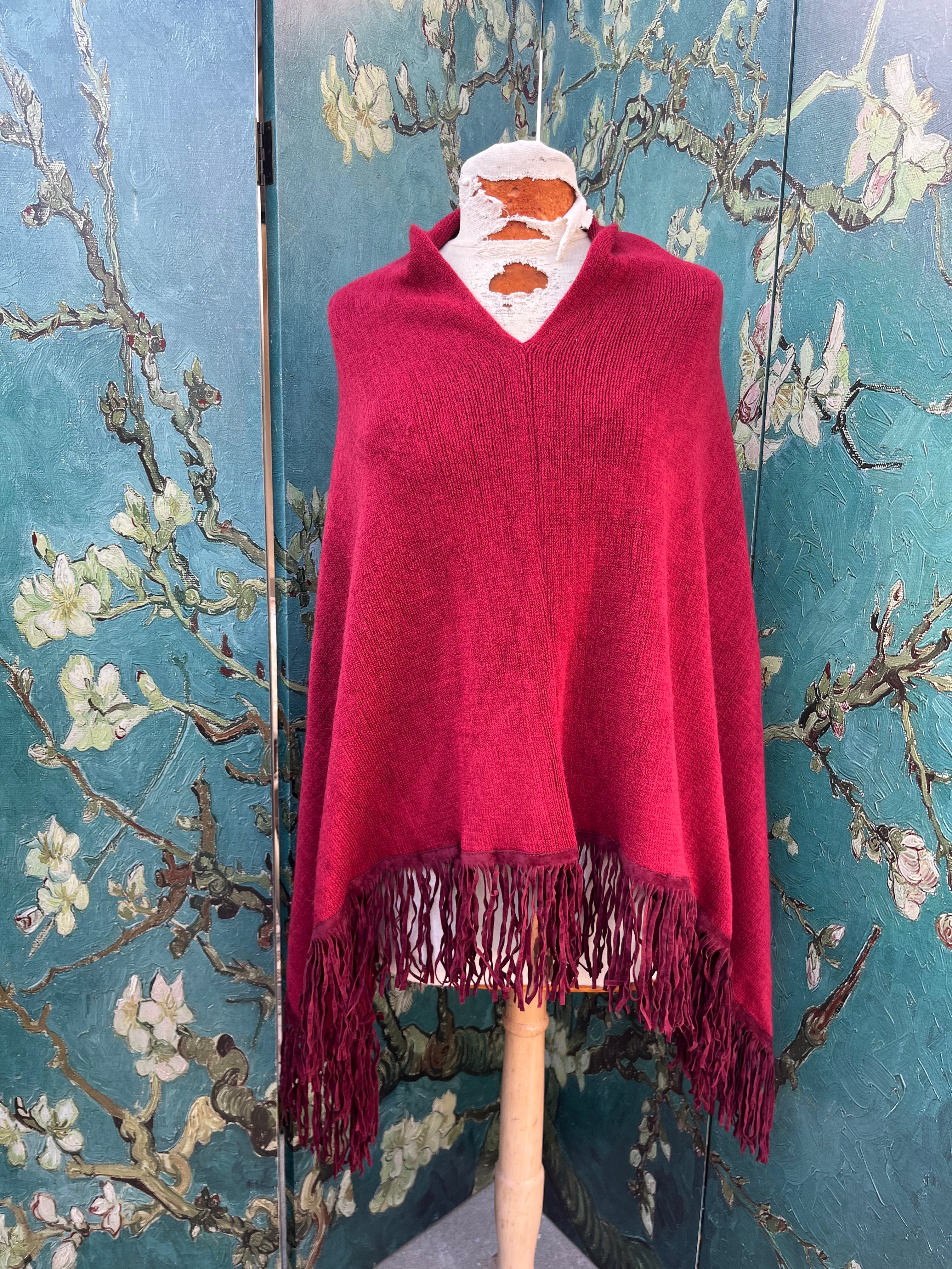 Red Faux Suede Pancho